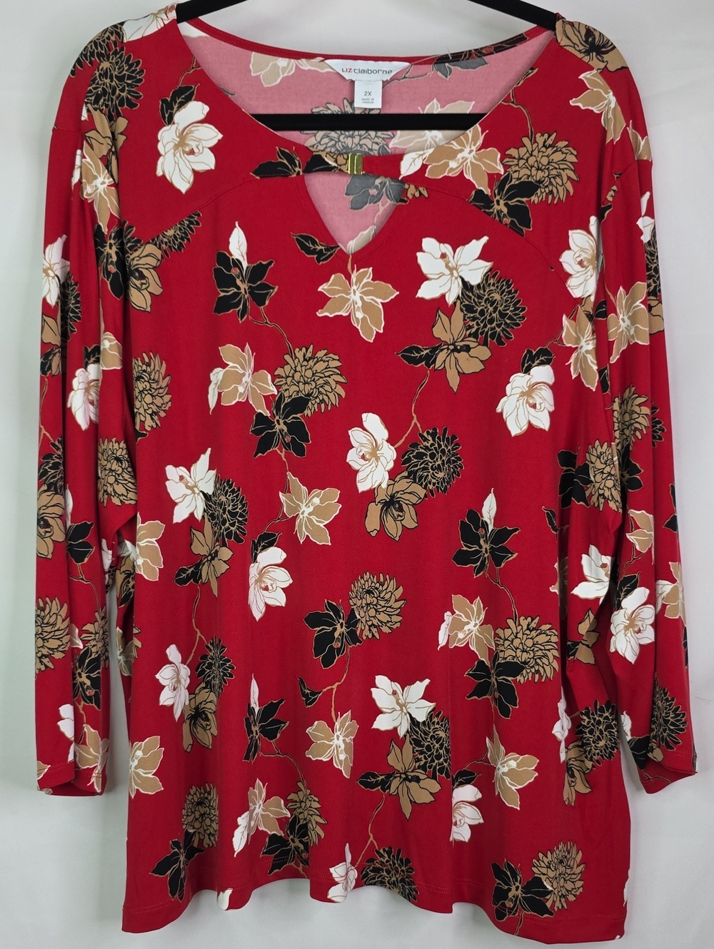 Liz Claiborne Red Floral Keyhole Long Sleeve Top with Cream and Black Accents